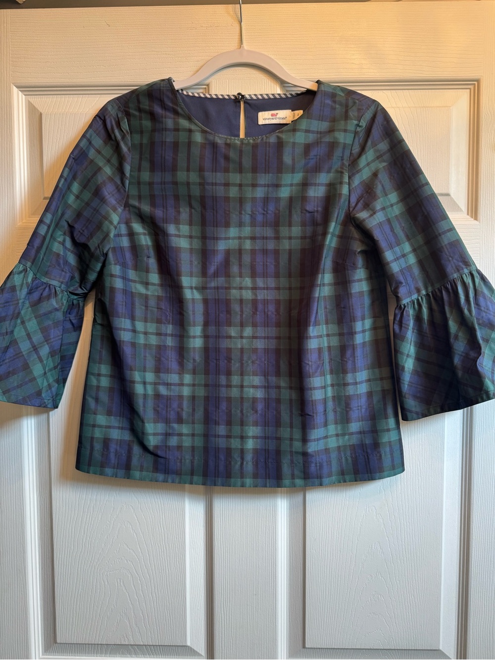 Vineyard Vines Plaid Bell-Sleeve Top - Navy & Green